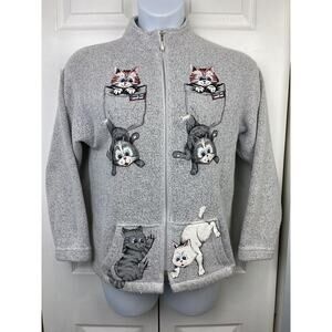 VTG ESY Sportswear Painted Cat Zip Sweater Jacket Size S Unisex Grey Kittens